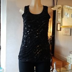 New With Tags Beautifully Embellished Black Tank Top Size Small. Perfect Out For A Night On The Town, Out For Dinner Or Pair It With A Fabulous Pant Or Skirt To A Wedding. Sleeveless Embellished Tops For Night Out, Green Sheer Top, Glamorous Embellished Black Tank Top, Sheer Tank Top, Dressy Tank Tops, Sequin Tank, Couture Tops, Sequin Tank Tops, Flowy Tank Tops