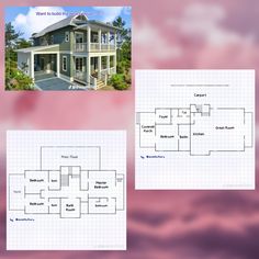 three different views of a house with the floor plan and elevation plans in front of them