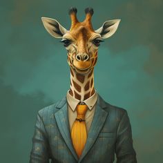 a giraffe wearing a suit and tie with his head turned to the side