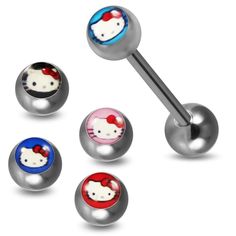 PRICES MAY VARY. Hello Kitty Ball with 14 Gauge - 19mm Length 316L Surgical Steel Straight Barbell and 4 Changed Logo Ball Tongue Bar Piercing Set . Made from 316L Surgical Steel with Logo Picture, this tongue bar is the perfect piercing to wear everyday, a comfortable fit that will help give you that extra sparkle daily Elegant Craftsmanship - All of our tongue bar Piercings have been made from high quality hypoallergenic materials. This tongue bar has been designed so that it is easy to put in Cute Tongue Rings, Cute Tongue Piercing, Hello Kitty Logo, Tongue Piercing Jewelry, Tongue Bars, Cute Piercings, Piercings Unique, Hello Kitty Backgrounds, Tongue Piercing