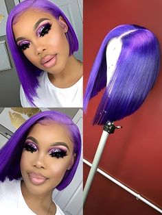 Popular Colored Purple Human Hair Bob Wig Straight Hair - CurlyMe Hair Purple Bob Black Women, 16inch Wig, Purple Bob Hair, Hair Purple Color, Purple Straight Hair, Purple Color Hair, Curlyme Hair, Purple Bob Wig