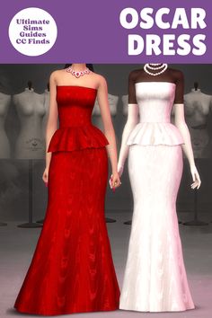 two women in red and white gowns standing next to each other with the words oscar dress