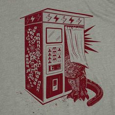 a red and white t - shirt with an image of a vending machine