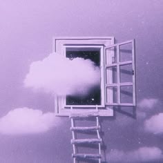 there is a ladder going up to a window with a cloud coming out of it