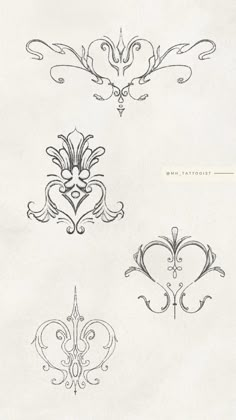 four different designs on white paper with black and white ink, each one in the shape of a heart