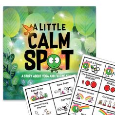 a little calm spot game with the words and pictures on it, in front of green leaves