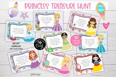 princess printables for birthday party or baby's first birthday with pictures and text