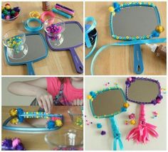 four different pictures show the process of making a mirror with beads and flowers on it