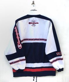 "PLEASE CONTACT TO ME WITH ANY QUESTION BEFORE BUYING.. PLEASE READ THE DESCRIPTION AND POLICIES BEFORE BUYING. TAG BRAND :-Champion SIZE ON TAG : Large ACTUAL SIZE MEASUREMENT :- ARM PIT TO ARM PIT :-24\"incher BACK COLLAR TO HEM:-28.5\"incher PLEASE COMPARE THE MEASUREMENT WITH YOUR GARMENT CONDITION :8/10..a little defect(Refer Pictures) COLOUR :-View Pic.. MATERIAL : 100%Polyester Kindly read my shipping and policies. SHIP WORLDWIDE VIA DHL GLOBAL MAIL. ⚫️Takes 14 working days to arrive. ⚫️S Sporty Patchwork Sweatshirt For College, Sporty College Track Jacket With Graphic Print, Throwback Long Sleeve Track Jacket For College, Sporty White Varsity Jacket With Patchwork, White Sporty Varsity Jacket With Patchwork, Throwback Long Sleeve Track Jacket For Sports Events, Sporty Patchwork Track Jacket For Streetwear, Sporty College Outerwear With Logo Print, White Patchwork Track Jacket For Streetwear