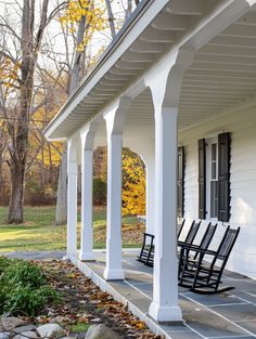 Porch Overhang and Roof Ideas: Flat Overhang Design Front Porch On Ranch Style House, Porch Gable, Porch Overhang, Front Porch Addition, Porch Supports, Dutch Colonial Homes, Porch Enclosures, White Porch, Exposed Rafters