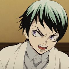 an anime character with blue hair wearing a white shirt and tie, looking at the camera