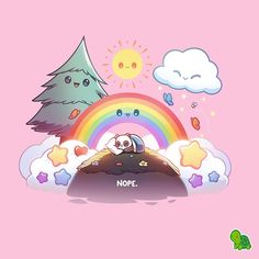 a cartoon panda is sitting on top of a rock with a rainbow in the background