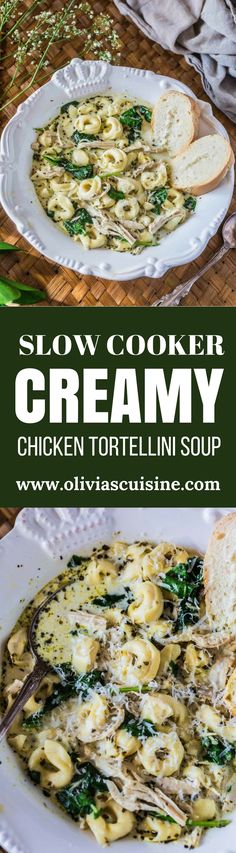 slow cooker creamy chicken tortellini soup with spinach and cheese in a white bowl