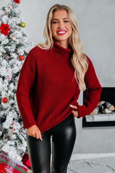 Embrace cozy sophistication with this Dark Red Textured Turtleneck Sweater! Crafted with a rich, textured fabric blend! Perfect for a chic winter outfit! Free US shipping! Work Holiday Party Outfit, Christmas Outfits Aesthetic, Outfit Navidad, Chic Winter Outfit, Fall Style Guide, Trendy Christmas Outfits, Red Tone, Chic Winter Outfits, Pajama Outfits