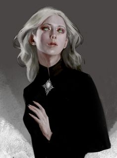 a drawing of a woman with white hair and green eyes, wearing a black coat