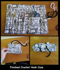 the finished crochet hook case is made out of newspaper strips and yarns