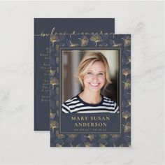 a blue and gold graduation card with an image of mary susan anderson on the front