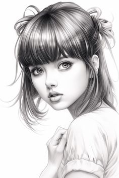 a black and white drawing of a girl with bangs on her head, looking to the side