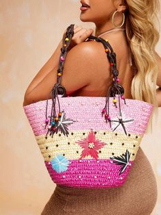 Stay stylish this summer with our Women's Multicolor Woven Tote Bag. Featuring a zippered closure Casual Pink Shoulder Bag With Zipper Pouch, Casual Pink Bag With Zipper Pouch, Summer Shoulder Bag With Zipper Closure For Vacation, Summer Shoulder Bag With Zipper For Vacation, Summer Beach Shoulder Bag With Zipper Closure, Summer Shopping Bags With Zipper Closure, Vacation Shoulder Bag With Zipper Closure, Summer Beach Shoulder Bag With Zipper, Pink Double Handle Bags For Summer