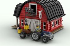 a lego model of a red barn with farm animals on the roof and two tractors in front