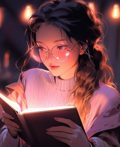 a girl reading a book in the dark with lights on her face and long hair