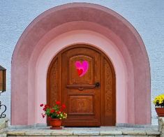 a wooden door with two potted flowers on the steps and a light pink wall behind it