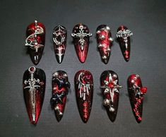 Astarion Nails, Extra Nails Designs, Vampire Nails, Fake Nails Designs, Punk Nails, Gothic Nails, Goth Nails, Grunge Nails, Pretty Gel Nails