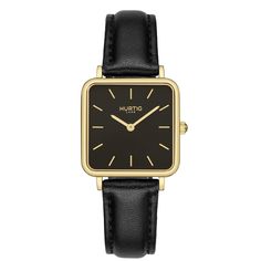 Neliö Square Vegan Leather Gold/Black/Black Watch Hurtig Lane Vegan Watches Watch With Leather Strap, Tank Watch, Rose Gold Watches, Rose Gold Case, Square Watch, Black Case, Stainless Steel Watch, Watch Collection, Watch Strap