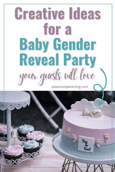 a baby gender reveal party with cupcakes and cakes