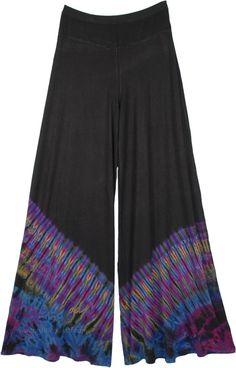 These loose and broad leg pants in black look very elegant and trendy, wide leg tie-dye palazzos feature easy pull-on styling and colorful accents. A very comfortable pair of pants in luxuriously soft fabric, these tie-dye palazzos are perfect - comfortable, bohemian and fun. #tlb #SplitSkirtsPants #vacationclothing #beachwrap #TieDye #Tiedyepalazzopants #widelegtiedyepantspants #festivalbohopants #wideleghippiepants Tie Dye Wide Leg Bottoms With Elastic Waistband, Black Bohemian Wide Leg Pants, Tie Dye Stretch Wide Leg Bottoms, Black Flare Wide Leg Pants For Summer, Tie Dye Wide-leg Pants, Bohemian Wide Leg Tie Dye Bottoms, Black Wide Leg Bohemian Harem Pants, Ego Clothing, Royal Blue Tie