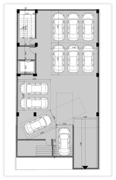 the floor plan for a garage with two cars parked in it and three separate spaces