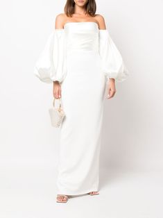 Solace London Carmen off-the-shoulder Gown - Farfetch Bridal 2024, Off Shoulder Evening Dress, Solace London, Gown White, Long White Dress, Fringe Skirt, Long Puff Sleeves, Blouse Outfit, White Wedding Dresses