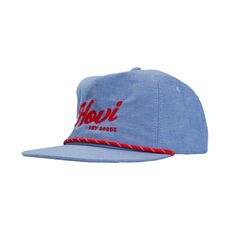 Unstructured crown 5 panel cotton Adjustable fit Flat brim Mesh inlay Woven rope along base of front panel Blue Cotton 5-panel Snapback Hat, Beach Cotton Snapback Hat With Flat Bill, Cotton Flat Brim Snapback Hat For Beach, Blue 5-panel Snapback Hat For Beach, Dry Goods, Cotton Rope, Custom Hats, Light Blue, Crown