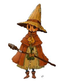 a drawing of a person dressed in a costume and hat with a broom on their head