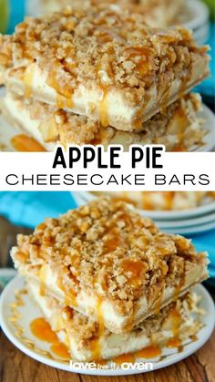 apple pie cheesecake bars are stacked on top of each other and ready to be eaten