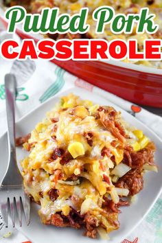 pulled pork casserole on a plate with a fork