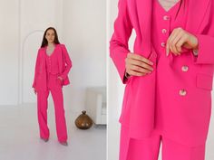 Hot pink 3-piece pantsuit.Classic formal trousers set with blazer vest and palazzo pants.Event suit matching set.Stunning pink matching set  Material: 80% cotton 20% viscose Colors: Black, White, Red, Hot Pink, Dark Blue, Jeans, Mocca, Beige, Kelly Green Sizes-Length: XS size: Blazer-70cm (27,5''), Sleeves-59cm (23,2''), Pants-107cm (42,1'') S size: Blazer-71cm (27,9''), Sleeves-60cm (23,6''), Pants-109cm (42,9'') M size: Blazer-73cm (28,7''), Sleeves-62cm (24,4''), Pants-111cm (43,7'') L size: Blazer-75cm (29,5''), Sleeves-63cm(24,8''), Pants-113cm(44,5) We can customize bigger/smaller size/ length for you as well. You can purchase different sizes for Blazer, Vest and Pants, just leave a note under the order. Model on the Photo: 173 cm-5.67 feet, S size PRODUCT CARE: Professional dry-clea Pink Matching Set, Womens Suits, Formal Trousers, Pink Dark, Blazer Vest, Pink Outfit, Palazzo Pants, Cotton Pants, Kelly Green