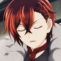 an anime character with red hair wearing a tie and looking to his left while staring at the camera