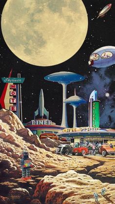 an image of a sci - fi scene with cars and spaceships in the sky