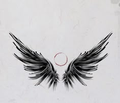 an artistic drawing of two black wings with a red circle in the middle