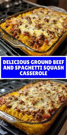 A baked Ground Beef And Spaghetti Squash Casserole in a glass dish, topped with melted cheese and ground beef, highlighting a savory casserole recipe combining spaghetti squash and hearty ground beef. Beef And Spaghetti Squash, Spaghetti Squash Ground Beef, Squash Casseroles, Healthy Spaghetti, Squash Casserole Recipes, Spaghetti Squash Casserole, Easy Ground Beef, Healthy Casseroles