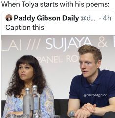 two people sitting at a table in front of a screen with the caption when tokyo starts with his poem paddy gibson daily @ 4h