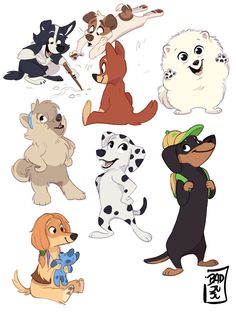 various cartoon dogs and their names are shown in this image, the dog has four different colors