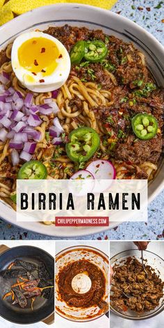 different types of food are shown in this collage with the words, birra ramen