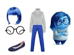 the costume is blue and has glasses, sweater, pants, and shoes on it