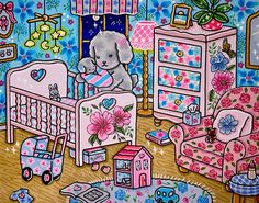 a painting of a child's room with toys and furniture