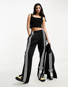 adidas Originals 'Neutral Court' adibreak wide leg trousers in black | ASOS Adidas Pants Woman, Adidas Trousers Outfit, Adidas Fashion Women, Adidas Women Outfit, Adidas Track Pants Outfit, Adidas Pants Outfit, Suede Trousers