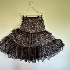 Three Tiers Of Black Lace Create A Slip Or Creative Over-Skirt. Additional Strip Of Lace Creates The Hem. Length Is About 30.5. Elastic Waist Is 15.5 X 2. Fitted Tiered Petticoat, Fitted Tiered Black Skirt, Black Fitted Tiered Skirt, Fitted Black Tiered Skirt, Black Tiered Skirt Petticoat For Summer, Black Tiered Skirt Petticoat With Attached Cancan, Black Tiered Petticoat With Attached Cancan, Lingerie Gown, Chiffon Romper