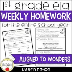 the 1st grade ela weekly homework work for the entire school year, with an image of