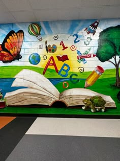 School murals, murals, elementary school walls Paintings For School Walls, Murals For Elementary School, Mural Art For School, School Garden Decoration Ideas, Art Classroom Wall Painting, Classroom Mural Ideas Elementary, Mural School Wall, School Wall Mural Ideas, Mural Ideas School